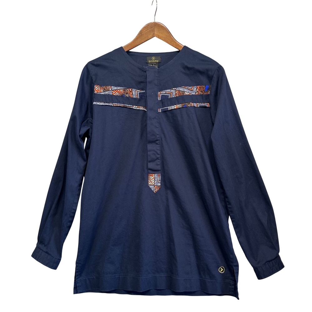 D'Iyanu Mens‎ Size L African Poplin Shirt Navy Blue Long Sleeve Geometric Casual